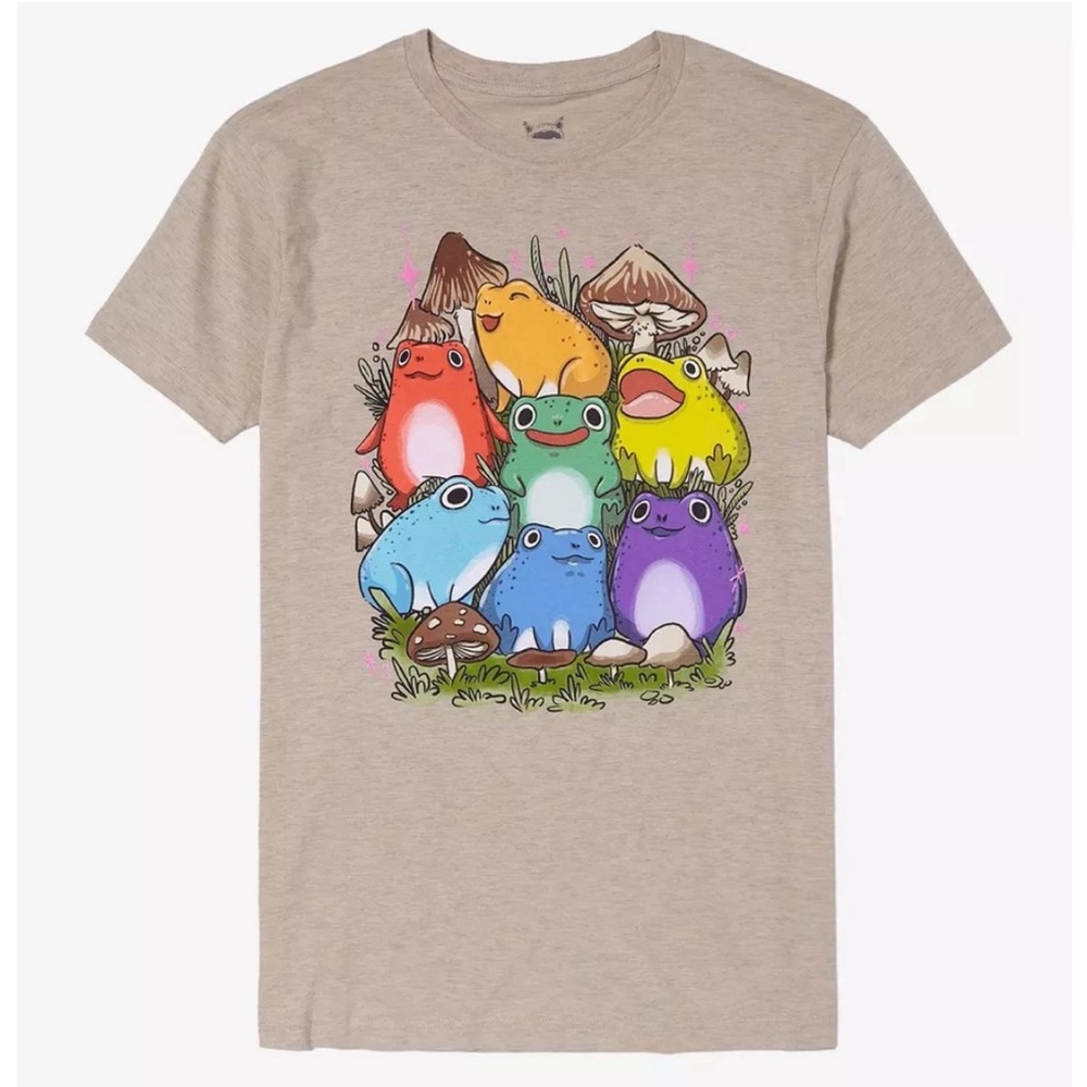 Hot Topic Beige Tee with Colorful Cartoon Frogs